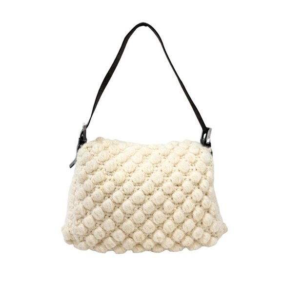 FENDI Vintage FF Logo Knit Mamma Baguette Shoulder Bag Wool Leather [106220] - Picture 6 of 15